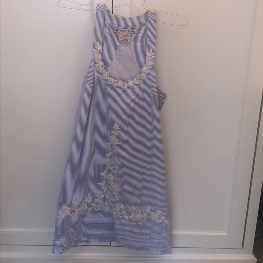 Gretchen Scott white and blue pinstriped dress